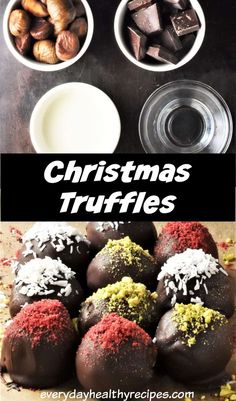 christmas truffles with chocolate, nuts and sprinkles on the table