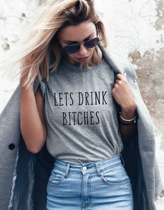 "Funny Day Drinking Shirts,  LETS DRINK BITCHES drinking shirts ~ Cute tee's for any occasion 🥂❤ Any color ~ style ~ size shirt not listed, please message us as we might not have it listed :)  Matching Canvas Tote bags now available in natural or black. ~ Width approximately 14 ~ Height approximately 15 ~ 22 \" handles 100% Cotton  These fun shirts are available in many different styles.  ** Please note the women's tanks and fitted style t-shirts are fitted ~ suggested to size up a size** Women Funny Wife Shirts, Homebody Shirt, Champagne Shirt, Boston Legal, Brunch Shirts, Womens Graphic Tees, Style T Shirts, Mama T Shirt, Day Drinking