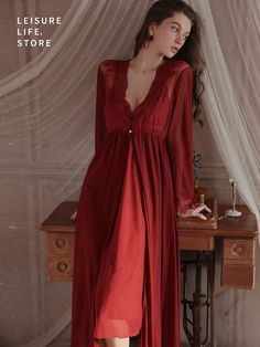 Chic Embroidered Nightdress Padded Suspender Nightdress With Tulle Robe Sheer V-neck Sleep Dress, Lace Long Sleeve Nightgown, Sheer Long Sleeve Sleepwear, Long Sleeve Sheer Sleep Dress, Sheer Long Sleeve Sleepwear For Night, Fitted Sheer Nightgown With Long Sleeves, Nightwear Fashion, Chic Loungewear, Comfortable Loungewear