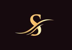 the letter s is made up of gold lines and waves on a black background,