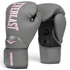 a pair of gray boxing gloves with pink lettering