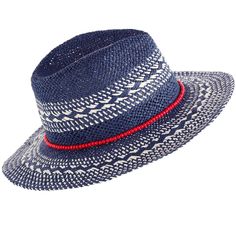 Keep the sunshine out of your eyes this summer with Shiraleah's Ames Hat. Made from deep blue paper straw with white woven details, this chic beach hat is the perfect match to any summer outfit. Pair with other items from Shiraleah's American Summer collection to complete your look! Chic Blue Beach Hat, Blue Flat Brim Sun Hat For Beach, Summer Beach Panama Hat In Paper Straw, Chic Blue Straw Hat For The Beach, Blue Summer Panama Hat For Beach, Blue Panama Hat For Beach With Curved Brim, Blue Panama Hat With Curved Brim For Beach, Blue Brimmed Sun Hat For Day Out, Blue Lightweight Wide Brim Straw Hat