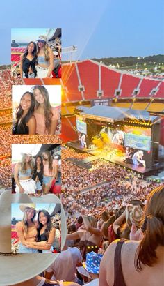 two women are posing for pictures in front of an audience at a music festival or concert