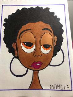 a drawing of a woman's face with orange eyes and hoop earrings on it