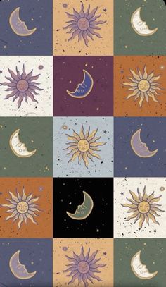 the sun, moon and stars are painted on squares