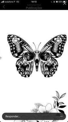 a black and white drawing of a butterfly with flowers on it's back side