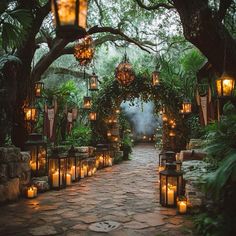 an outdoor walkway with lanterns and candles lit up at the end, surrounded by greenery