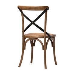 a wooden chair with a cross back and wicker seat