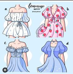 four different types of dresses for women with the names femininee and b on them