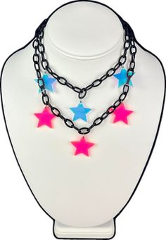 Trendy Handmade Jewelry For Concerts, Rave Jewelry For Music Festival With Adjustable Fit, Rainbow Adjustable Choker For Festival, Rainbow Adjustable Choker For Festivals, Trendy Pink Festival Choker, Trendy Multicolor Star Necklace, Trendy Multicolor Star Shaped Necklace, Adjustable Multicolor Rave Choker, Iridescent Adjustable Necklace For Festivals