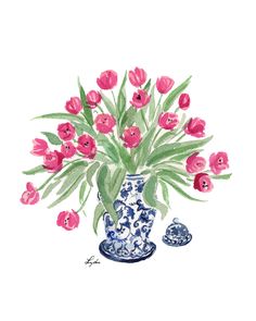 a watercolor painting of pink tulips in a blue and white china vase