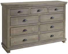 a wooden dresser with many drawers and knobs on the bottom drawer, against a white background