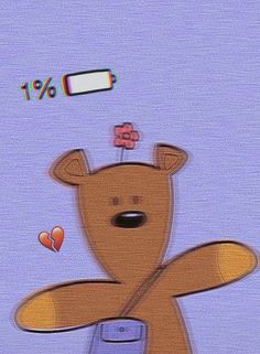 a brown teddy bear sitting on top of a cell phone next to a purple wall