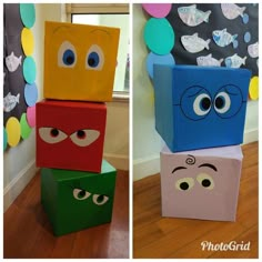 three different colored boxes with eyes and noses on the top one is made out of cardboard