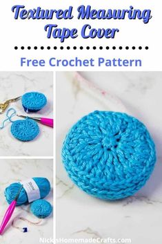 crochet pattern for textured measuring tape cover with text overlay that reads, textured measuring tape cover free crochet pattern