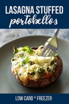 a stuffed potato with cheese and broccoli on it is being eaten by a fork that says lasagna stuffed potatoes low carb freezer