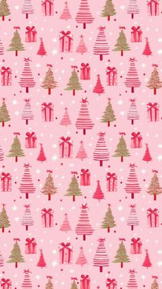 a pink background with christmas trees and presents on it's sides, all in different colors