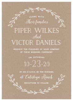 a wedding card with the words piper wilkes and victoria daniels written in white ink