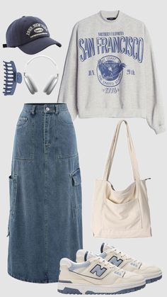 #blueaesthetic #schooloutfit #modest #casual #longjeanskirt #skirt #sweatshirt #college #modestfashion #winteroutfit #outfitideas #ootd #outfit Modest Casual, Casual College Outfits