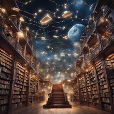 an empty library filled with lots of books and illuminated by lights hanging from the ceiling