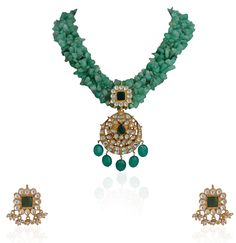 Elevate your style with this exquisite handmade Emerald Green Beaded Necklace set, featuring a stunning emerald green bead pendant necklace that captures the essence of elegance. Crafted from a unique silver and copper mix, this piece is beautifully enhanced with 22kt gold plating, ensuring a luxurious finish. Adorned with real jadtar stones, semi-precious pearls, and delicate glass beads. The necklace measures 7 cm by 27 cm, while the matching earrings are a perfect 2 cm by 2 cm.Composition : S Green Gemstone Beaded Necklaces In Temple Jewelry Style, Green Gemstone Beads Jewelry For Celebration, Temple Jewelry Green Gemstone Beaded Necklaces, Green Gemstone Beads Temple Jewelry Necklace, Emerald Kundan Necklace For Gifting, Emerald Gemstone Kundan Necklace For Gift, Emerald Gemstone Kundan Necklace As A Gift, Green Polished Beads Jewelry For Celebration, Green Kundan Beaded Necklace Gift