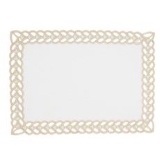 a white place mat with an intricate design on the edge and border in gold thread