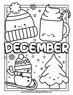 christmas coloring pages with the words december and two snowmen in hats, scarfs and mittens