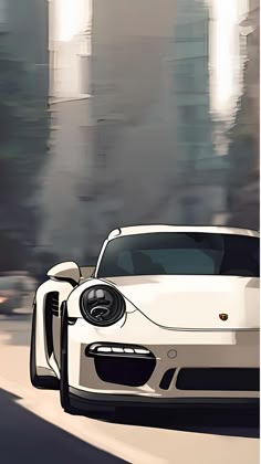 a white sports car driving down the road in front of tall buildings and skyscrapers