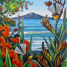 a painting of flowers and birds by the ocean