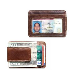 HAND-STAINED BUFFALO LEATHER When some cash, a few cards, and a photo ID are all that you really need to carry, this slim leather money clip wallet is the perfect companion. Made from hand stained buffalo leather that grows in character and beauty as it ages, this small Voyager Wallet features rounded corners to resist breakage, a magnetic money clip, RFID protection, three card pockets to hold your credit, bank, and membership cards, and an ID window for your driver's license, school, or work I Brown Rectangular Wallet With Key Clip, Brown Bifold Wallet With Key Clip, Brown Bifold Card Holder With Belt Clip, Brown Rectangular Card Holder With Key Clip, Leather Money Clip, Leather Money Clip Wallet, Handmade Leather Bags, Leather Money Clips, Membership Card