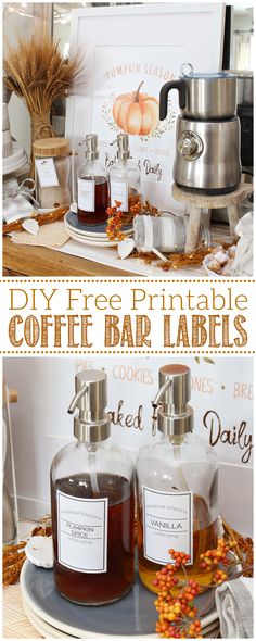 coffee printable coffee bar labels are displayed on a table with fall leaves and pumpkins