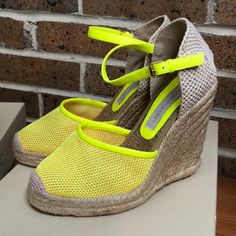 Stella Mccartney New In Box Wedge Sandals Tall Platform Heel With Ankle Buckle. Colors Are Neon Yellow And Hint Of Orange. Material Also Leather And Roping. New In Box Liquidation Sale Any Light Scuff Is From Client At Office Trying It On. Retail Value $430 Sizes On Box Say 40c And 36c. Liquidation Sale, Wedge Espadrille, Neon Yellow, Platform Heels, Wedge Sandals, Stella Mccartney, Espadrilles, Wedges, Buckle