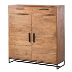 a wooden cabinet with two doors and metal legs