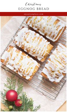 eggnog bread with icing on a cooling rack