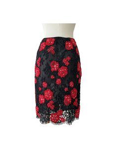 Blumarine FW 1991 black lace skirt with red flowers embroidered with beads. Scalloped lace edging. Condition: Excellent Tulle slightly frayed near zip. Size and Fit: 42 IT | M Fitted Lace Skirt With Floral Embroidery, Party Skirt With Floral Embroidery And Lace, Lace Skirt With Floral Embroidery For Party, Black Floral Embroidery Party Skirt, Black Floral Embroidery Skirt For Party, Black Floral Embroidered Skirt For Parties, Black Skirt With Floral Embroidery For Party, Black Lace Patchwork Party Skirt, Black Lace Patchwork Skirt For Party