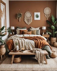 a bedroom with brown walls and lots of plants