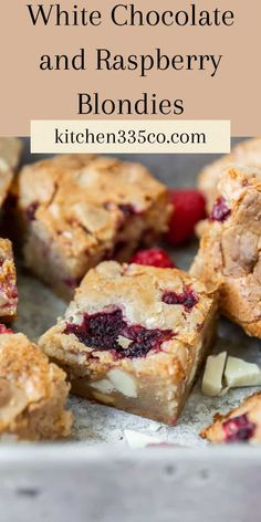 white chocolate and raspberry blondies with text overlay