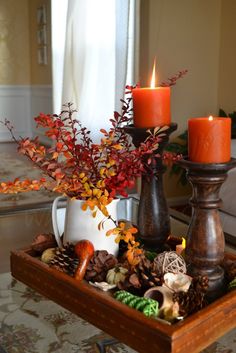 two candles are sitting on a tray with autumn decorations