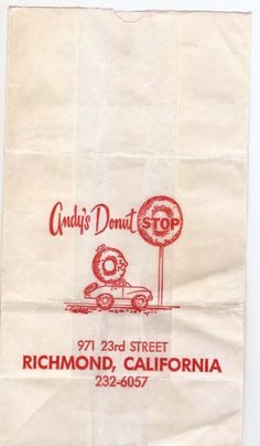 a paper bag with a drawing of a car and street sign on the front that says richmond, california