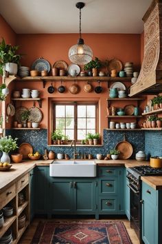 Boho Kitchen With Black Appliances, Kitchen Design Painted Cabinets, Unique House Painting Ideas Interior, Colorful Rustic Kitchen, Scandinavian Folk Interior Design, Bright Boho Kitchen, Bold Color Kitchen Cabinets, Kitchen Ideas Colourful, Boho Kitchen Floor