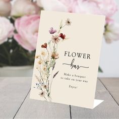 This stylish & elegant Boho Flower Bar Sign features gorgeous hand-painted watercolor wildflowers arranged in a lovely bouquet. Find matching items in the Boho Wildflower Bridal Shower Collection. Bridal Shower Flower Bar Favors, Build Your Own Bouquet Shower, Make Your Own Flower Bouquet Station, Flower Bar Ideas, Bridal Shower Simple, Flower Bar Sign, Make Your Own Bouquet, Bouquet Bar, Baby Shower Unique