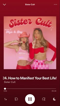 two women in red and pink outfits with the words sister cut on it's screen