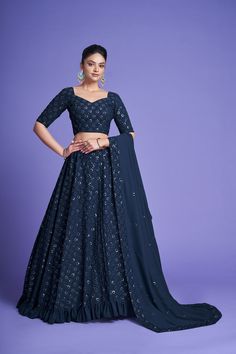 Teal Blue Diamond Georgette Thread & Sequins Embroidered Lehenga Choli Set with Dupatta Teal Blue Blouse, Navy Blue Lehenga, Flared Lehenga, Bridesmaid Lehenga, Georgette Lehenga, Lehnga Dress, Blue Lehenga, Teal Blue Color