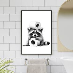 a raccoon with toilet paper on it's head sitting next to a sink