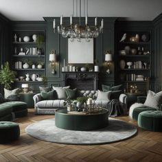 a living room filled with lots of green furniture