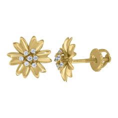 925 Sterling Silver Yellow-Tone Women Cubic-Zirconia Flower Stud Earrings, clasp: Screw Back, Polished, Metal weight: 1.8 gram Flower Shaped Cubic Zirconia Yellow Gold Diamond Earrings, Flower Shaped Cubic Zirconia Diamond Earrings In Yellow Gold, Flower Shaped Yellow Gold Cubic Zirconia Diamond Earrings, Flower-shaped Cubic Zirconia Diamond Earrings With Accents, Yellow Gold Flower-shaped Cubic Zirconia Diamond Earrings, Flower Shaped Diamond Earrings For Anniversary, Classic Flower Shaped Earrings With Prong Setting, Classic Flower Earrings With Prong Setting, Classic Cubic Zirconia Flower Earrings