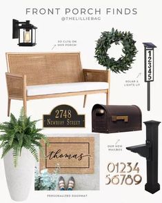 the front porch finds are designed to look like it has been decorated with greenery and mailboxes