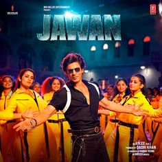 the movie poster for jawan is shown with many dancers in yellow and black outfits