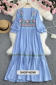 Women's Embroidered Bohemian Solid Color O-Neck Elegant Loose Maxi Dress Casual Embroidered Boho Dress For Spring, Bohemian Square Neck Peasant Dress For Summer, Blue Bohemian Square Neck Maxi Dress, Blue Bohemian Peasant Dress For Spring, Casual Boho Dress With Floral Embroidery V-neck, Casual Boho Dress With Embroidered Hem For Spring, Embroidered Long Sleeve Peasant Dress For Summer, Blue Bohemian Embroidered Midi Dress, Loose Maxi Dress