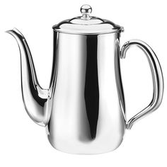 a stainless steel teapot with a lid on a white background, it is empty